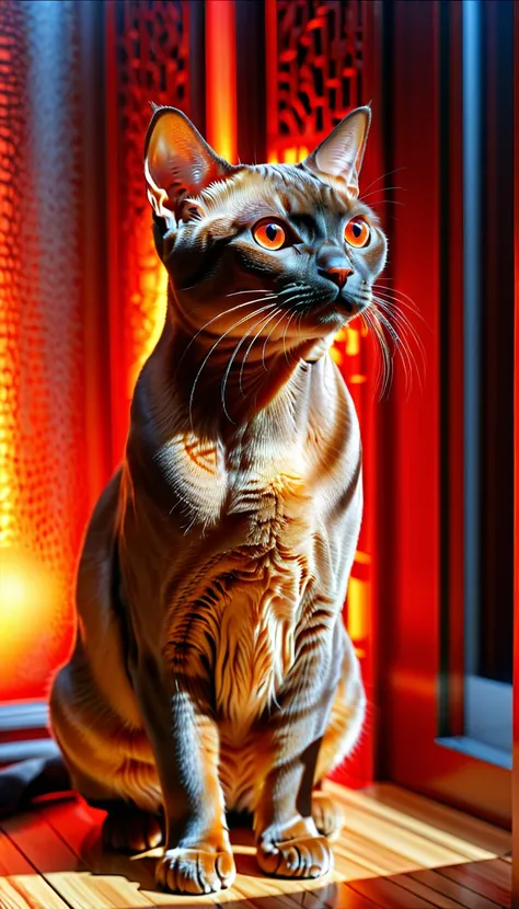 There is no one, realistic photo, realism, Burmese (Burmese) cat, future oriented, metal decoration, Shining red light inside, hollow interior, Polish, ray tracing, perfect composition, intricate details, Very sharp, masterpiece, profile, high resolution