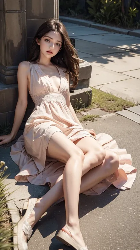 The girl laying on ground and watching left side , her face is mad but its cute . Cute dresses, cute style , full body , high quality, high details , realistic 