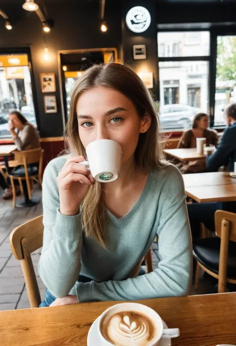 german woman sitting at a cafe table drinking coffee、emma&#39;s photo。window sunlight, blue hair, dynamic pose, skin texture, pa...