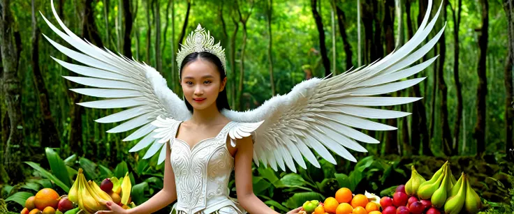 Photp of A 3D text saying "AI Video Generator TH", (((Masterpiece 1.2))) ((Perfect face)) a beautiful Thai-Russian woman with intricated wings, making a welcome gesture face, in a respectful Thai greeting pose (wai), standing next to a big various fruits, ...