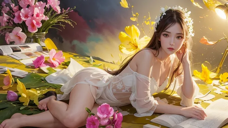 32k, Masterpiece, Highest quality, One girl, Detailed eyes, flower,gladiolus, Yellow and pink style,A dreamy, romantic piece,Pale yellow, Mysterious Leaves,A playful arrangement,Fantasy,High Contrast,Ink strokes,explosion,Exposure, Impression of yellow and...