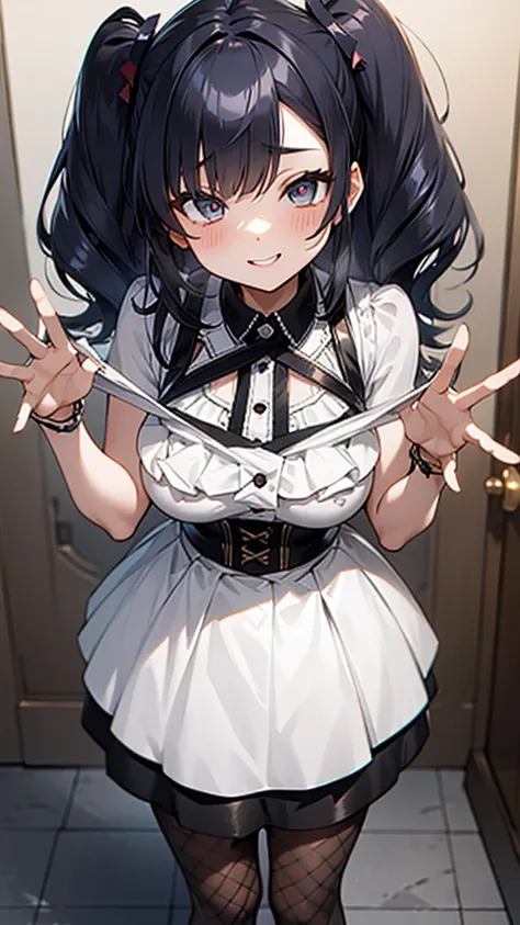 masterpiece,Highest quality,One Girl,(黒いtwo side up:1.1),(Wavy Hair:1.1),Medium Hair,(Light blue gradient hair:0.8),Big Breasts,ruffled white blouse,black flared skirt,Ribbon ornament,Fishnet tights,Mischievous Smile,Up Leg,Panty Focus,Lace panties,(Hollow...