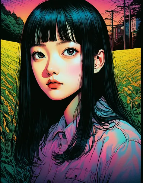 An illustration、art、Supervised by Junji Ito、Hidden Images、double image、double image、High detail, Realistic shadows、Analog Style, VHS style, 8mm film, chromatic aberration, DVD Screen Grab、Complementary Gradient、Surrealism