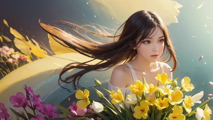 32k, Masterpiece, Highest quality, One girl, Detailed eyes, flower,gladiolus, Yellow and pink style,A dreamy, romantic piece,Pale yellow, Mysterious Leaves,A playful arrangement,Fantasy,High Contrast,Ink strokes,explosion,Exposure, Impression of yellow and...