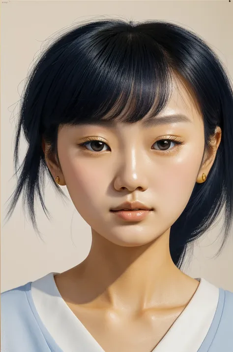 Hello, can you help me create a minimalist abstract painting, of a Close up of the face of a young Korean woman, in the style of Magritte, the color palette is navy blue, white, orange and application of gold leaf, photorealistic, UHD, 8K