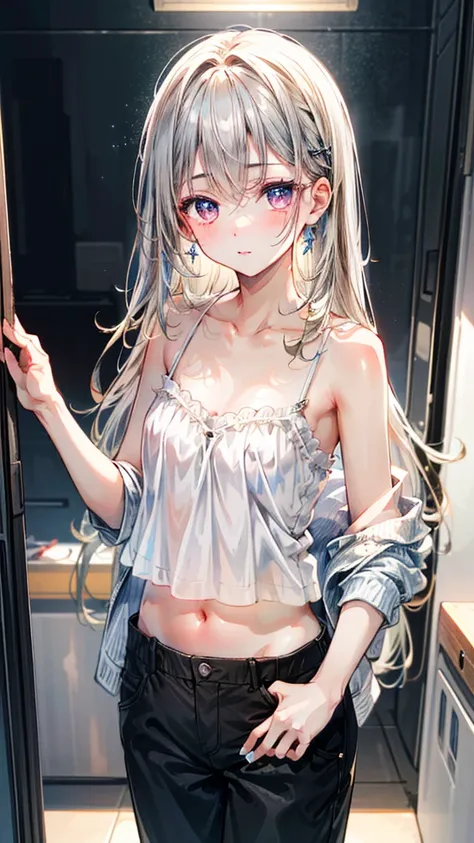 (Best quality, 8k, 32k, Masterpiece, UHD,:1.2),RAW, human, 1girl,ultra cute , ultra cute, natural lighting,transparent shining eyes, 20yo, small breast ,femur, fair complexion , flushed face, Camisole, short denin pants,,