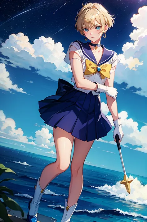 sailor uranus,one girl,blonde,blue choker,blue footwear,blue sailor collar,blue skirt,boots,choker,circlet,earrings,gloves,jewel...