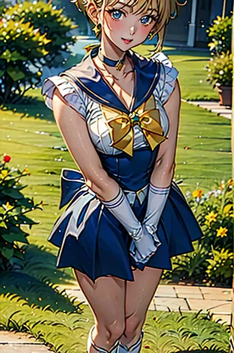 sailor uranus,one girl,blonde,blue choker,blue footwear,blue sailor collar,blue skirt,boots,choker,circlet,earrings,gloves,jewel...