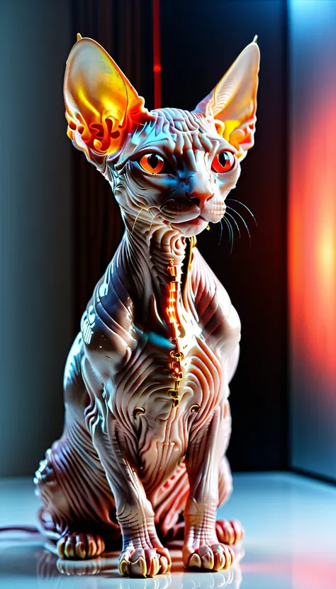 There is no one, realistic photo, realism, sphinx (Sphynx) cat, future oriented, metal decoration, Shining red light inside, hollow interior, Polish, ray tracing, perfect composition, intricate details, Very sharp, masterpiece, profile, high resolution