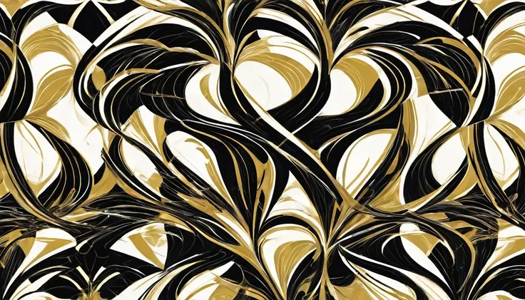 "Produce a 2D gift wrap design with two wide abstract flowing lines in bold black and white, and one narrow line with a metallic golden effect. The design should be symmetrical, starting from the middle and radiating outward. The contrast should create a s...