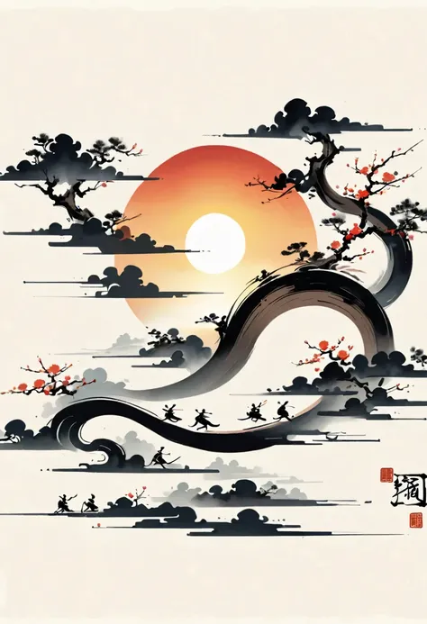 Bada Shanren style,Chinese Ink Painting，Simple style，is capitalized，Very simple pictures，sunrise，People from far away，