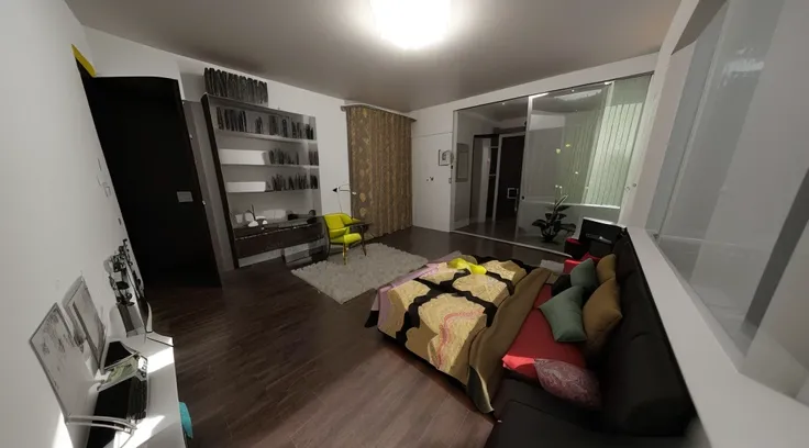 there is a room with a bed, desk, and a chair in it, 3d CAD rendering, 3 d rendering, photorealistic room, house interior, 3d unreal render, an interior of room, in style of 3d render, 3d scene, 3 d scene, inside of a bedroom, 3d cg, 3 d cg, very realistic...