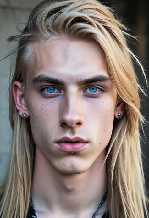 Metalhead teenager with a lot of acne, very masculine, very wide and long nose, very long blonde hair, big blue eyes, very masculine, marked cheekbones, with a nosering, with a eyebrow piercing, thick nose, kinda young