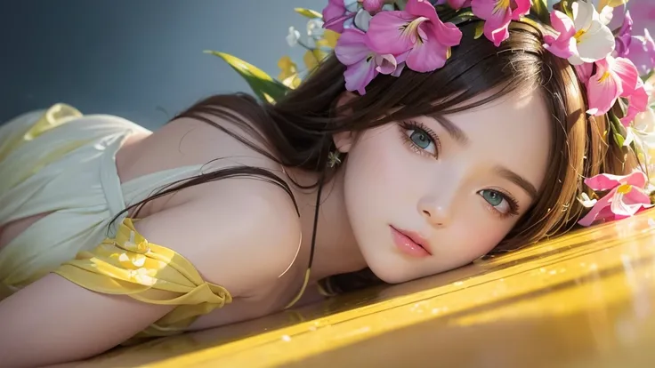 32k, Masterpiece, Highest quality, One girl, Detailed eyes, flower,gladiolus, Yellow and pink style,A dreamy, romantic piece,Pale yellow, Mysterious Leaves,A playful arrangement,Fantasy,High Contrast,Ink strokes,explosion,Exposure, Impression of yellow and...