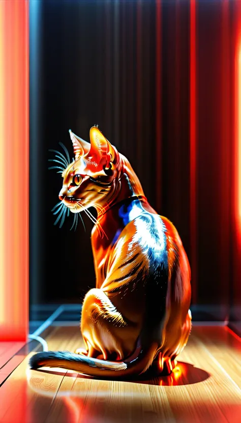 There is no one, realistic photo, realism, Abyssinian (Abyssinian) cat, future oriented, metal decoration, Shining red light inside, hollow interior, Polish, ray tracing, perfect composition, intricate details, Very sharp, masterpiece, profile, high resolu...