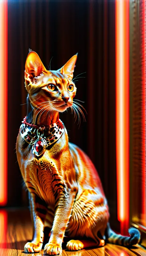 there is no one, realistic photo, realism, abyssinian (abyssinian) cat, future oriented, metal decoration, shining red light ins...