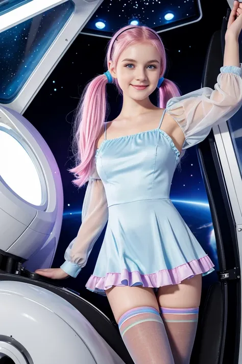 cute 19-year-old neon haired woman, pale white skin, happy, smiling, in twin tails, perfect blue eyes, pale goth skin, silky smooth skin, flying a fancy metal luxurious space ship, futuristic cockpit, shes a pilot, outer space seen in windows, dark warm li...