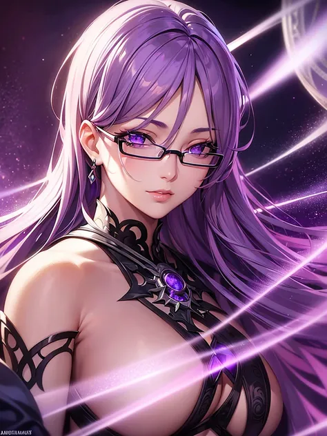 a beautiful detailed portrait of mash kyrielight from fate series, beautiful detailed eyes, beautiful detailed lips, extremely detailed face, long eyelashes, glasses, purple hair, purple-colored background, glowing purple air, ethereal, cinematic lighting,...