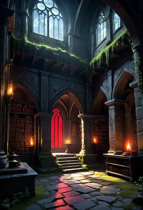 Location: A secluded, secluded section of an old magic school, away from the main hustle and bustle.architecture: old stone walls, covered with vines and moss, with gothic arches and narrow windows that let in little light.lightning: Dim red lights coming ...