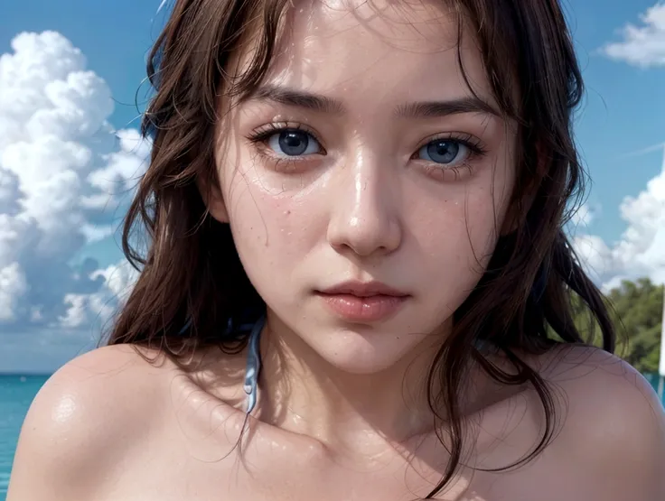 Close-up of woman in bikini with good figure, blue sky and white clouds movie poster