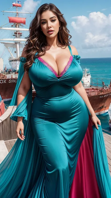 A half body of woman in a bright colourful gown posing for a perfect loop lighting photoshoot, light colourful bra, lacey, posing in bra, gorgeous woman, cleavage, wavy lingeries, angela white, jaw-dropping beauty, wearing bra, (cinematic realistic Sea And...