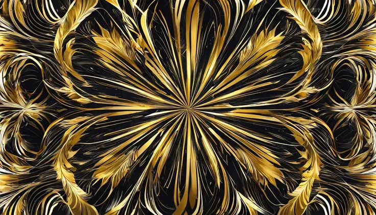 "Produce a 2D gift wrap design with two wide abstract flowing lines in bold black and white, and one narrow line with a metallic golden effect. The design should be symmetrical, starting from the middle and radiating outward. The contrast should create a s...