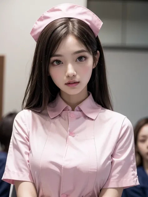 (ultimate beautiful wife)、16 years old、Ultra-detailed face、Detailed lips、(Big eyes:1.4)、double eyelid、Brunette long hair、With bangs、(Shy expression)、(White teeth)、(lips are parted)、Watching the audience、((She is wearing a pink nurse&#39;s uniform:1.4))、((L...