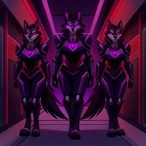 (masterpiece, best quality:1.2), Vortex hellhounds, group of female bodyguards, wolves, furry, helluva boss, hypnotized with glowing purple eyes, angry serious face, wearing futuristic armor, using a Pulse Rifle, Energy Rifle, Futuristic assault rifle, mar...