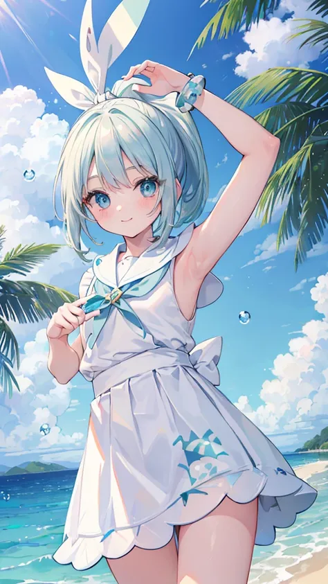 ((masterpiece)), Confused, ((Lily_Pokemon)), Aqua Eye, blonde,ponytail、Beautiful white skin、White ribbon, White Sailor Suit、White pleated skirt , Sleeveless, ((Charm))、smile、Perfect proportions、On a quiet tropical beach、((View of the sea))、((Angle from bel...