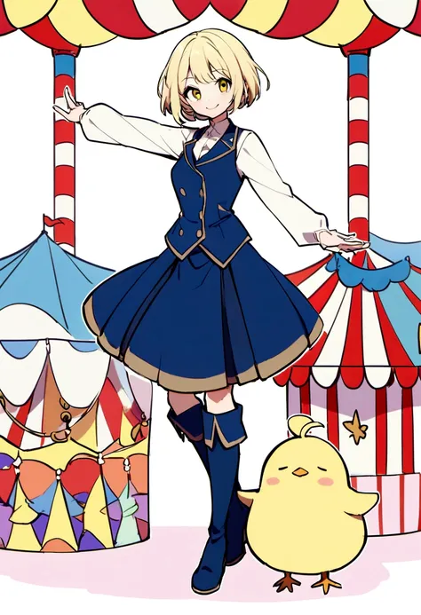 girl, whole body, short hair, Blonde Hair, small, yellow, smile,Circus, Chick, yellowと紺の衣装,Navy blue vest, Long navy blue boots