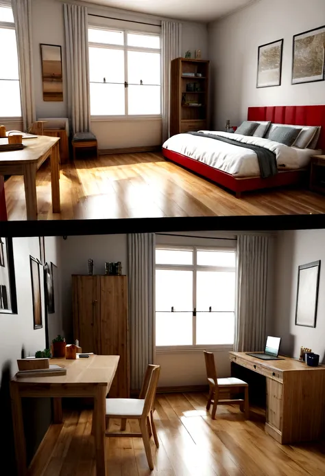 there is a room with a bed, desk, and a chair in it, 3d CAD rendering, basic 3 d rendering, photorealistic room, house interior, 3d unreal render, an interior of room, in style of 3d render, 3d scene, 3 d scene, inside of a bedroom, 3d cg, 3 d cg, very rea...