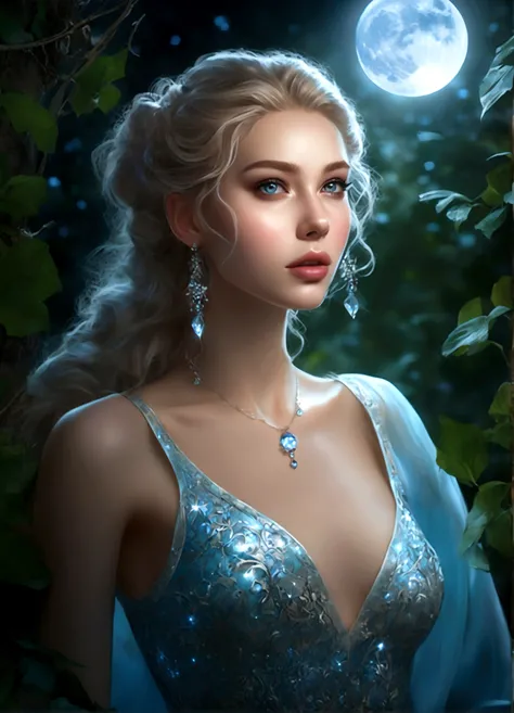 A beautiful young moon elf with waist-length hair, pale skin, and crystal blue eyes, wearing a sheer crystal silk evening gown, flirtatiously studying the viewer in a moonlit glade, (best quality,4k,8k,highres,masterpiece:1.2),ultra-detailed,(realistic,pho...