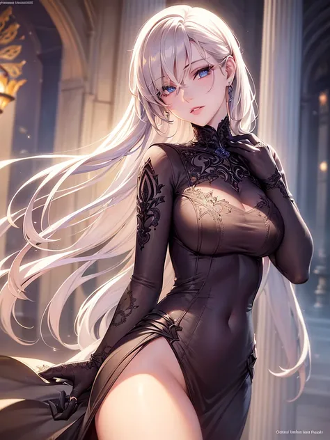 Mash Kyrielight from Fate, elegant, beautiful detailed eyes, beautiful detailed lips, extremely detailed face and features, long eyelashes, porcelain skin, serene expression, , detailed folds in clothing, intricate background, detailed architecture, warm l...