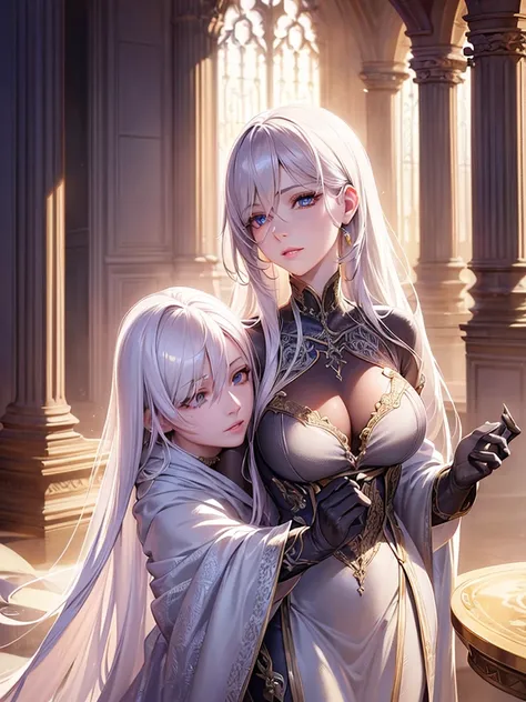 Mash Kyrielight from Fate, elegant, beautiful detailed eyes, beautiful detailed lips, extremely detailed face and features, long eyelashes, porcelain skin, serene expression, , detailed folds in clothing, intricate background, detailed architecture, warm l...