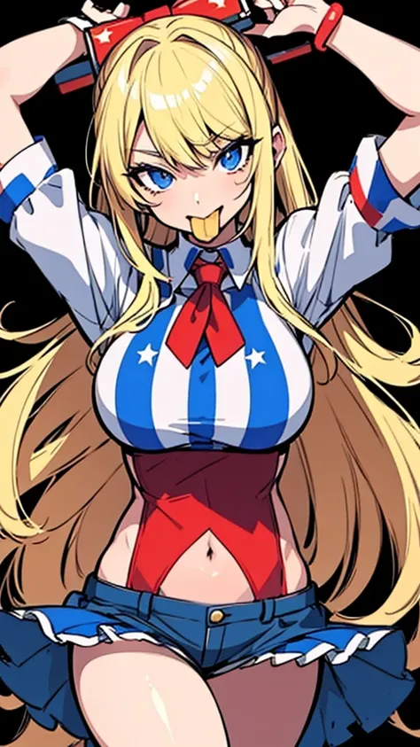  eating a hamburger cowgirl US flag fashion Vtuber style blonde hair 1girl glamorous pose master piece best quality ultra detailed 