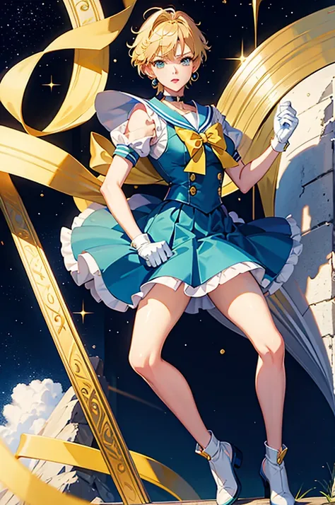 sailor uranus,one girl,blonde,blue choker,blue footwear,blue sailor collar,blue skirt,boots,choker,circlet,earrings,gloves,jewel...