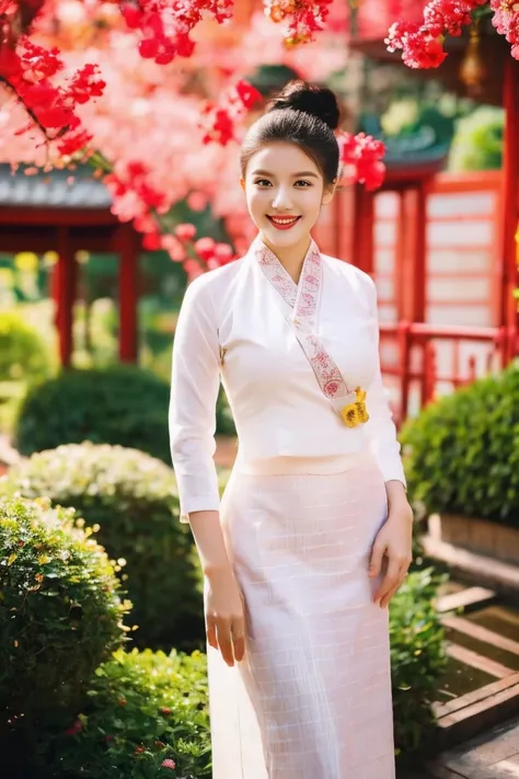 Full body image of a beautiful woman with a slender face Sharp eyes, light red lips, hair in a bun, flowers behind the ears, gentle smile, large breasts, white and red Tai Khun outfit, beautiful and beautiful, the backdrop is a garden in a beautiful temple...