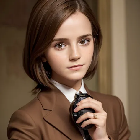 Close-up of a woman in a brown suit taking a photo, Emma Watson portrait, portrait of Emma Watson, clear portrait of Emma Watson, portrait photo of Emma Watson, Emma Watson as driada, Emma Watson modeling for gucci, karol bak of Emma Watson nun, Emma Watso...