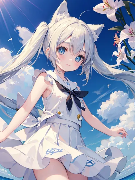 ((masterpiece)), Confused, ((Lily_Pokemon)), Aqua Eye, blonde,Twin tails、Beautiful white skin、Cat ear,White ribbon, White Sailor Suit、White pleated skirt , Sleeveless, ((Charm))、smile、Perfect proportions、Simple Background