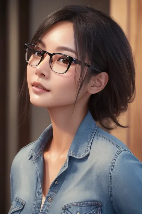 Cute tanned Chinese girl with glasses, jeans, Beautiful attention to detail, Beautiful lip detail, Highly detailed face, Long eyelashes, Realistic, 8K, Super detailed, Physically Based Rendering, Vibrant colors, Professional photography