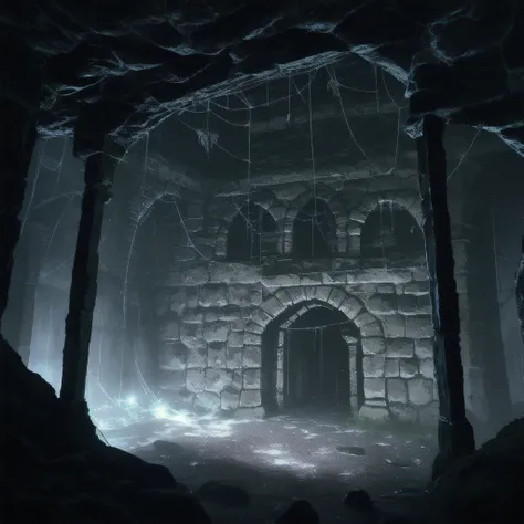 A dark, damp dungeon with spider webs all around