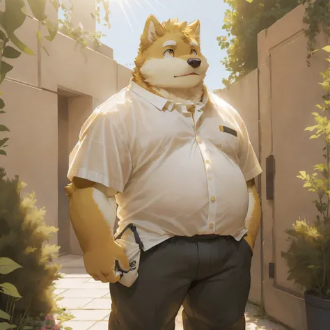 masterpiece, best quality, 8k resolution, Very detailed, hairy，Shiba Inu，(Black hair)，(((golden fur)))，(((Golden Eyes)))，Chubby，Chubby face，(((White shirt)))，(((Loose shirt)))，((Black pants))，Highest quality scene，(((Solitary)))，(((solitary)))，(((Crossbody...