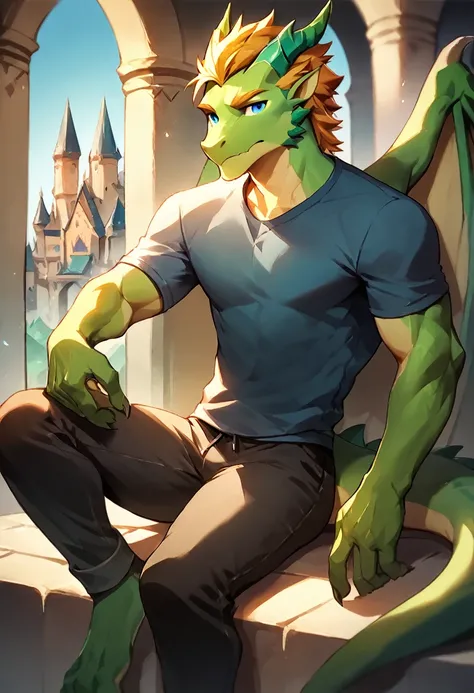 score_9, score_8_up, score_7_up, score_6_up, score_5_up, score_4_up, (solo), male anthro green dragon, solo, castle, sitting, blond hair, blue eyes, medium length hairstyle, athletic, pants, paladin