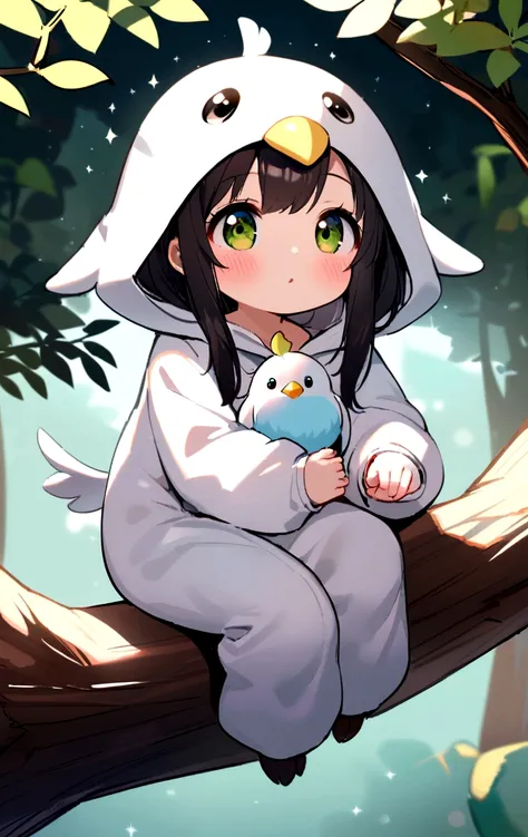 tween girl in white baby-bird kigurumi,there is a small white bird sitting on a branch, birb, kitty-bird hybrid, sentient bird, cute little creature, cute creature, anthropomorphic bird,Long-tailed-Tit, sparkling bird eyes, on a branch, the cutest creature...