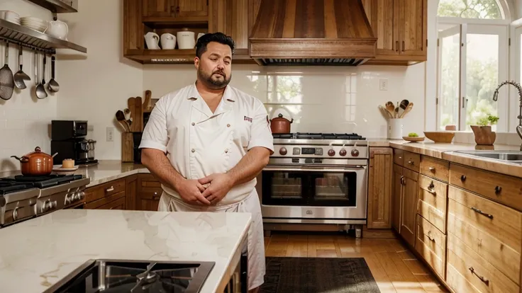 A hyper-realistic image of a very large and busy kitchen with a very large pot on a large stove. The chef intends to cook a pig, but the pig is in a state of concentration and yoga meditation to prepare itself. The chubby ugly chef is standing and looking ...