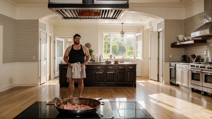 A hyper-realistic image of a very large and busy kitchen with a very large pot on a large stove. The chef intends to cook a pig, but the pig is in a state of concentration and yoga meditation to prepare itself. The chubby ugly chef is standing and looking ...