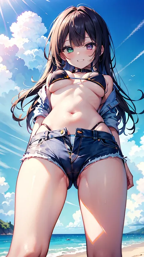 (8K、Highest quality、Highest quality、masterpiece)、Detailed face、One Girl、(Brown Skin:1.2)、Long Hair、Blue Right Eye、Yellow Left Eye、Heterochromia、Grin、(Bikini top Only、BikiniTop、Bikini Top、Denim hot shorts、Open Shorts、Unziped shorts、Mini Shorts、No Panties、No...