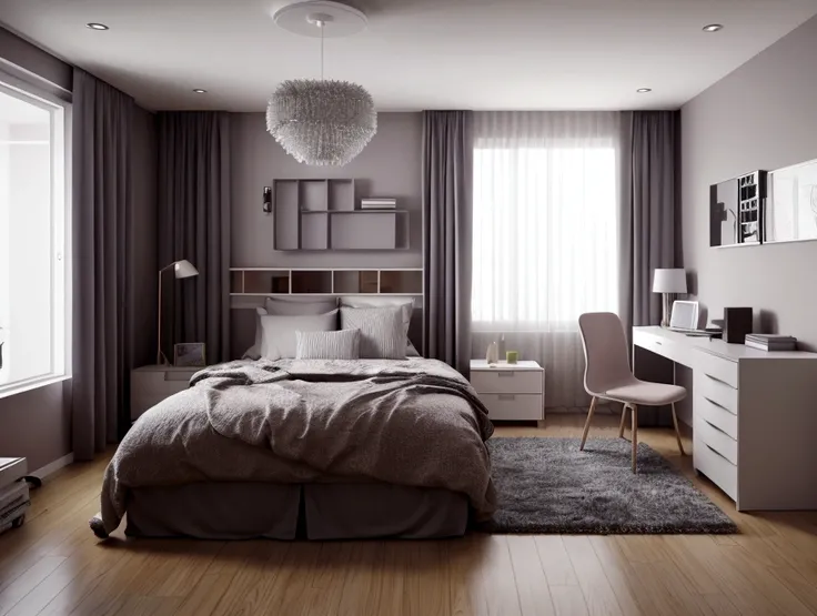 there is a room with a bed, desk, and a chair in it, 3d CAD rendering, basic 3 d rendering, photorealistic room, house interior, 3d unreal render, an interior of room, in style of 3d render, 3d scene, 3 d scene, inside of a bedroom, 3d cg, 3 d cg, very rea...