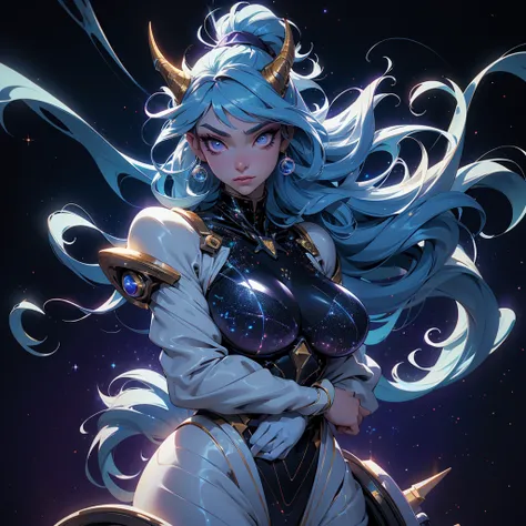 A space dragon sitting at the edge of the universe, lonely, sad, void, stars, the stars mixed in the sea, a sea of stars, ethereal woman, Blue and purple hair , space buns, space outfit, white black and gold outfit, golden dragon horns and tail, space outf...