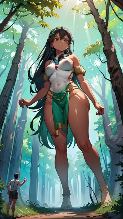 In a forest of large trees there is an even larger Amazonian giantess, with brown skin, black hair, thin, with clothes of the forest, and with very long legs, she is looking for small human invaders of the forest to destroy them so that they do not disturb...